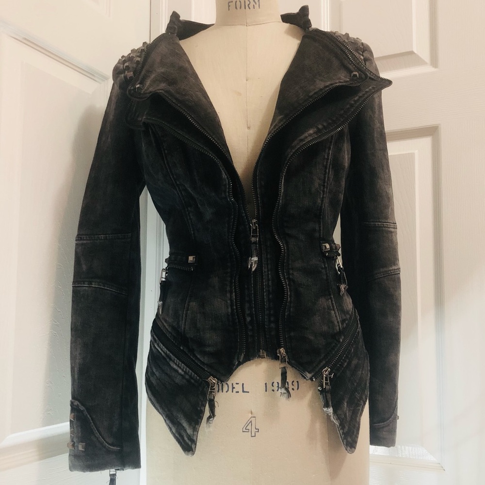 Denim studded moto jacket
